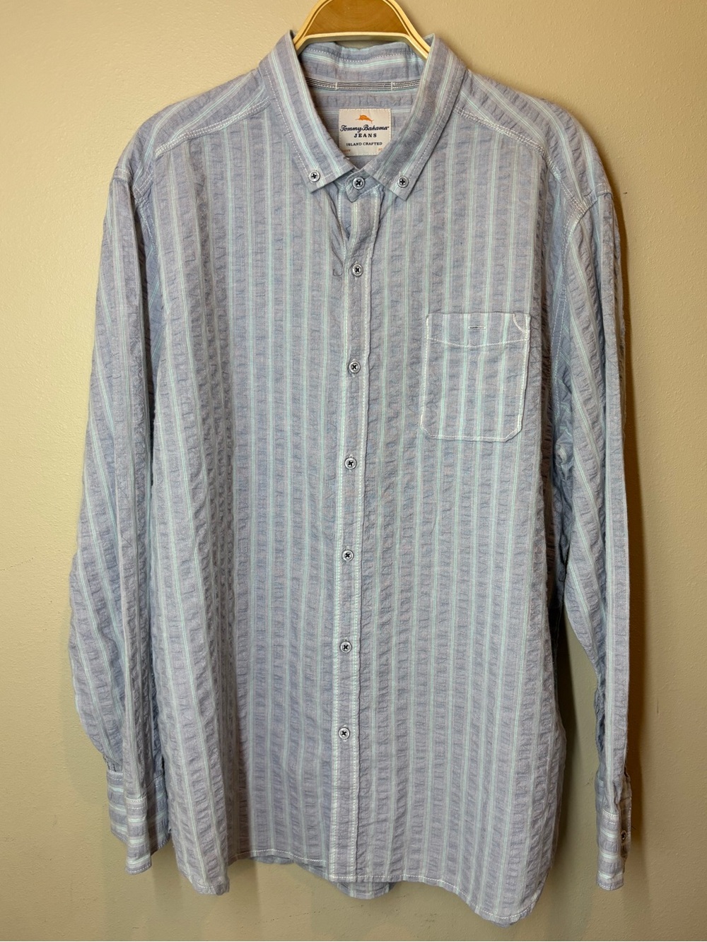 Tommy Bahama Men's Light Blue Striped Button-Down Shirt, XL, 100% cotton